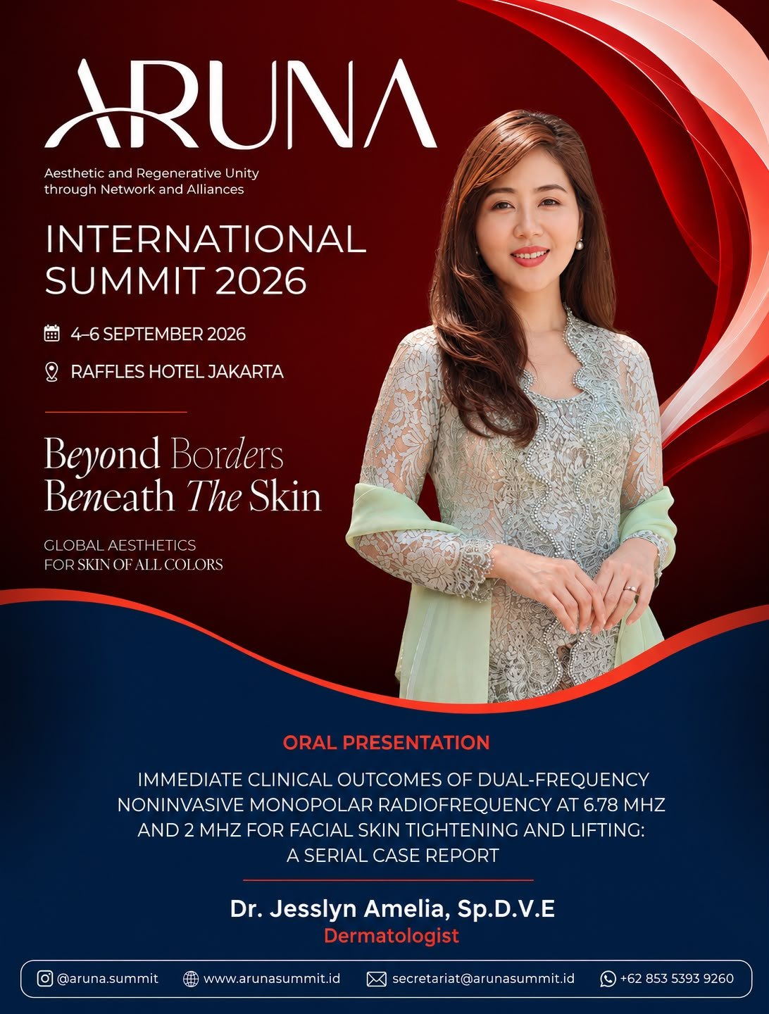 ARUNA International Summit 2026 announcement of the oral presentation by dr. Jesslyn Amelia, Sp.D.V.E, Raffles Hotel Jakarta, 4-6 September 2026