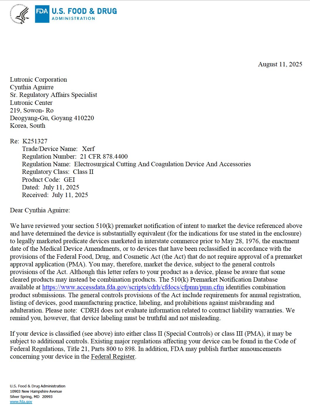 US FDA 510(k) clearance letter K251327 for the Xerf device, dated 11 August 2025